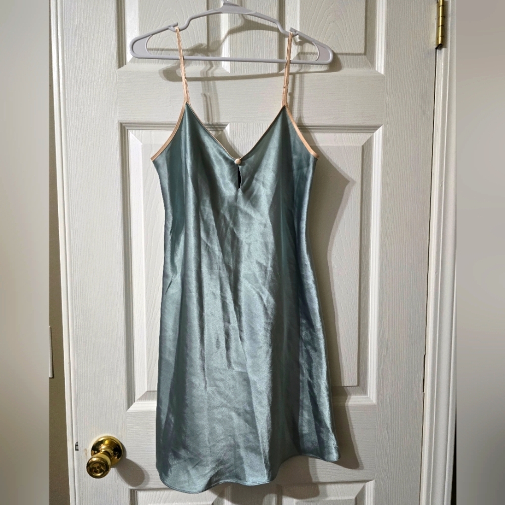 Jones New York Satin Slip Dress, Seafoam Green, Beige Trim & Straps, EUC!